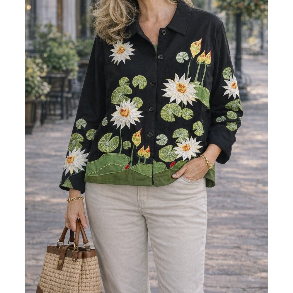 Vtg ANAGE Lotus‎ Flower Embroidered Lily Pad Art Jacket Womens 2X Black Cotton